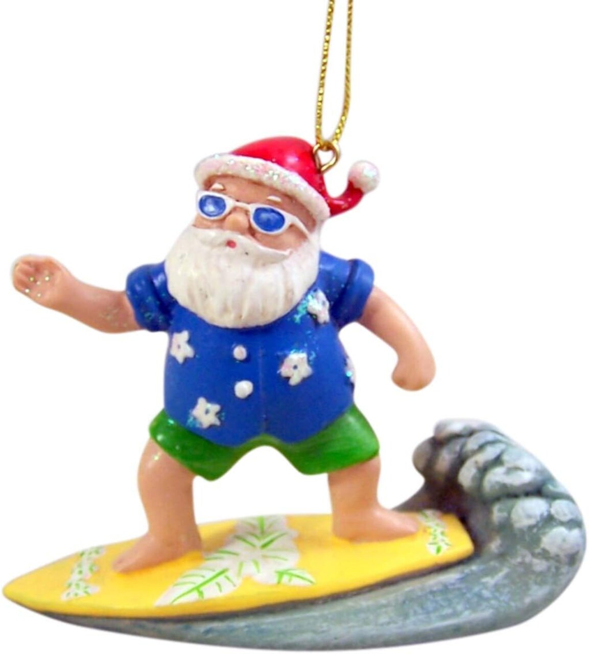 Cast Resin Painted Surfing Santa Claus Hanging Ornament, 3 1/2 Inch